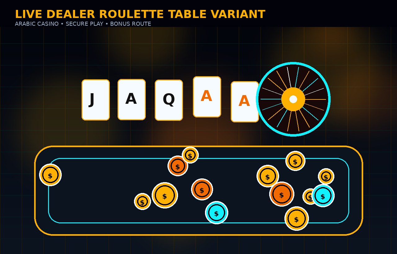 Arabic casino scene with slots, cards and glowing gold chips